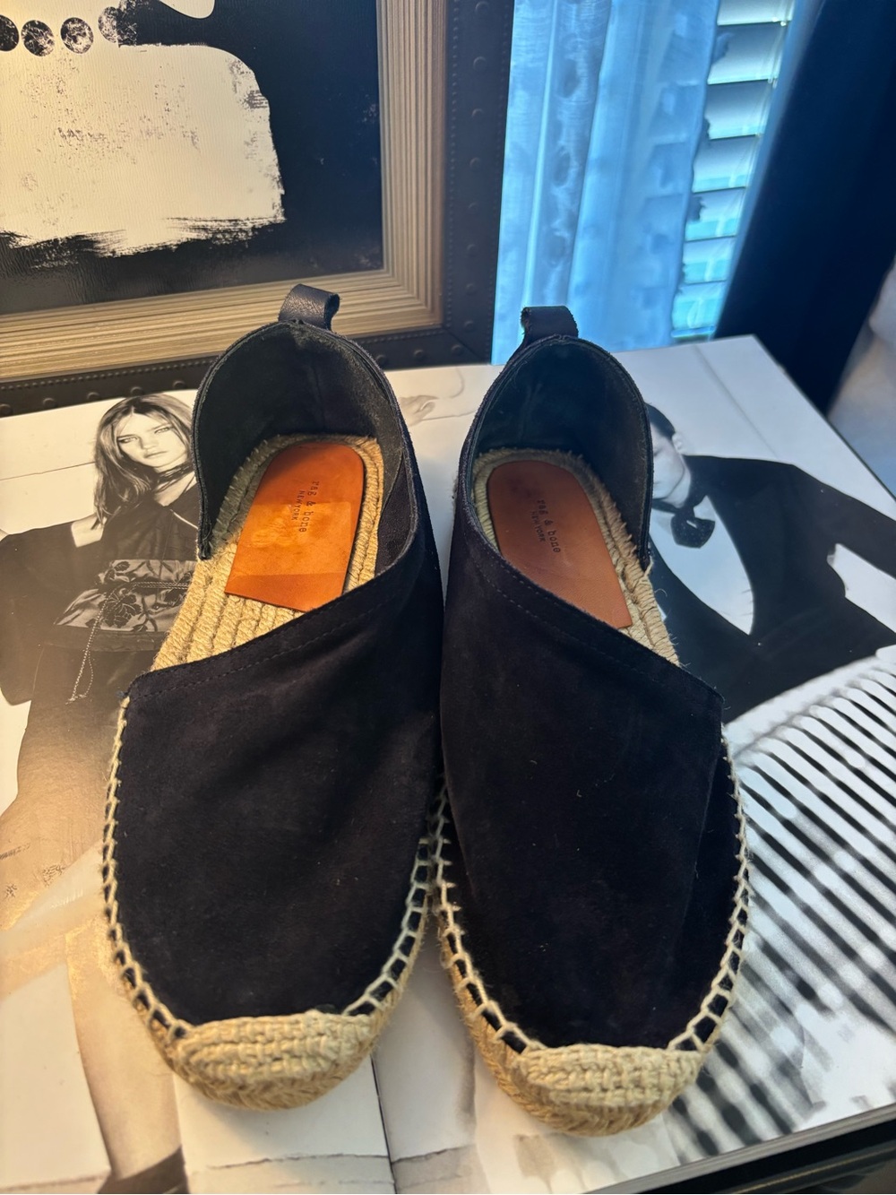 rag & bone Black Suede Espadrille Flats Deep Navy
